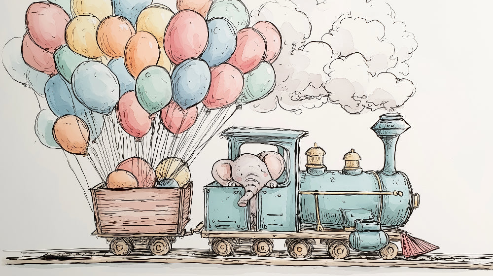 Detailed train elephant balloon mural wallpaper design pattern by Kids-Mundo