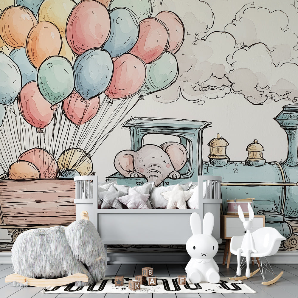 Colorful train elephant wallpaper creating adventure-themed kids bedroom decor
