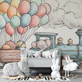Colorful train elephant wallpaper creating adventure-themed kids bedroom decor