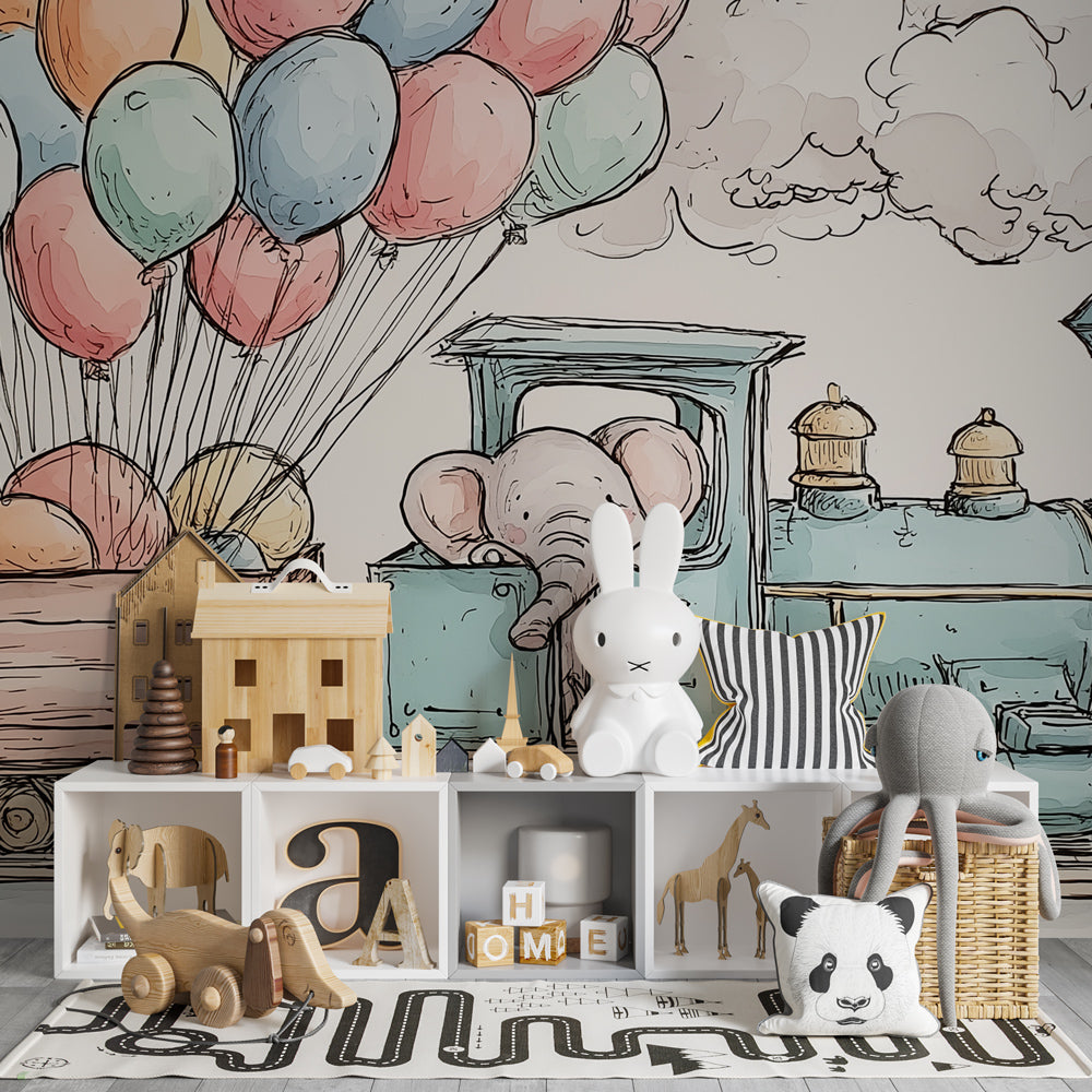 Whimsical elephant train balloon wallpaper transforming children's playroom space