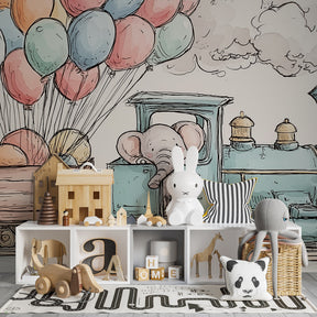 Whimsical elephant train balloon wallpaper transforming children's playroom space