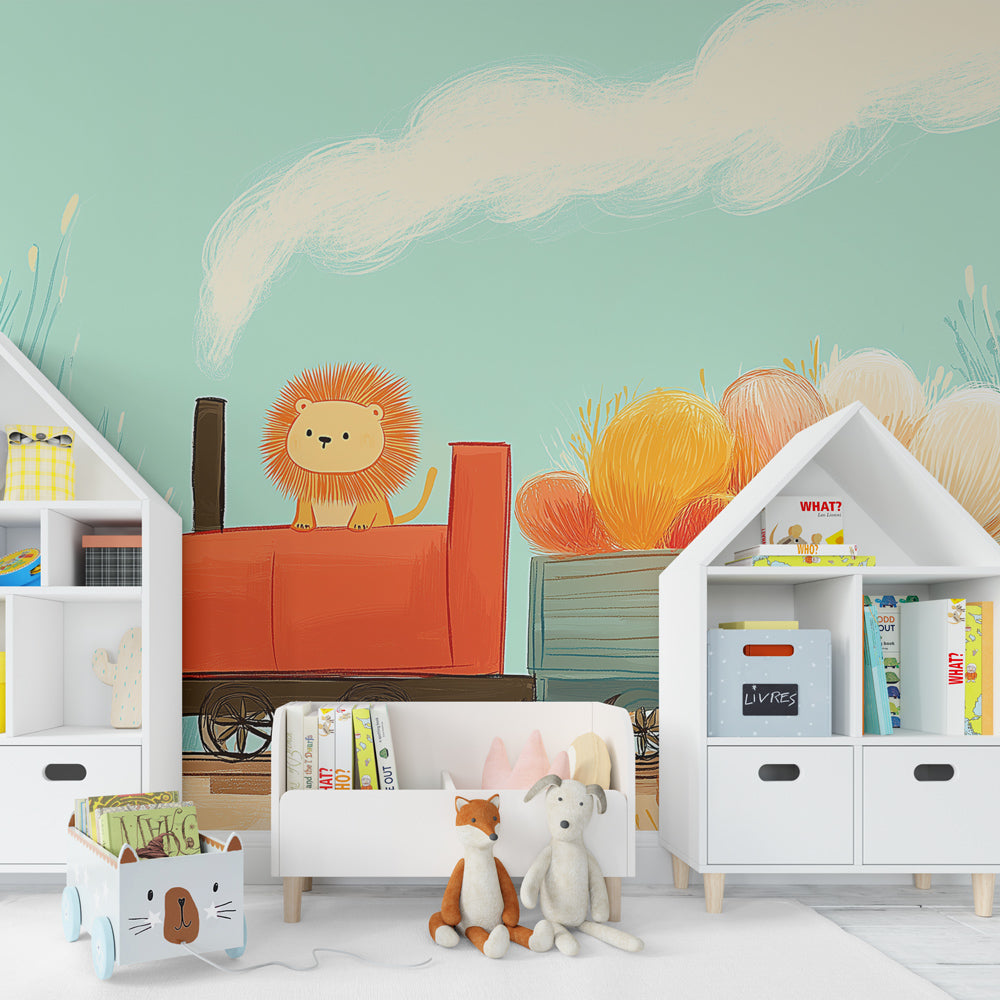 Red train lion wallpaper creating playful atmosphere in children's bedroom decor