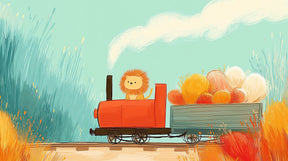 Detailed train and lion mural wallpaper design pattern with balloons by Kids-Mundo