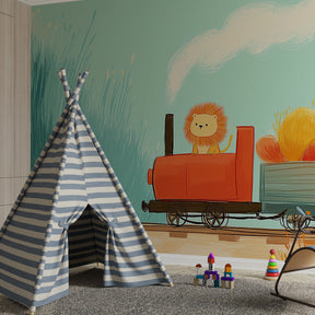 Adventure train wallpaper with smiling lion perfect for kids playroom by Kids-Mundo