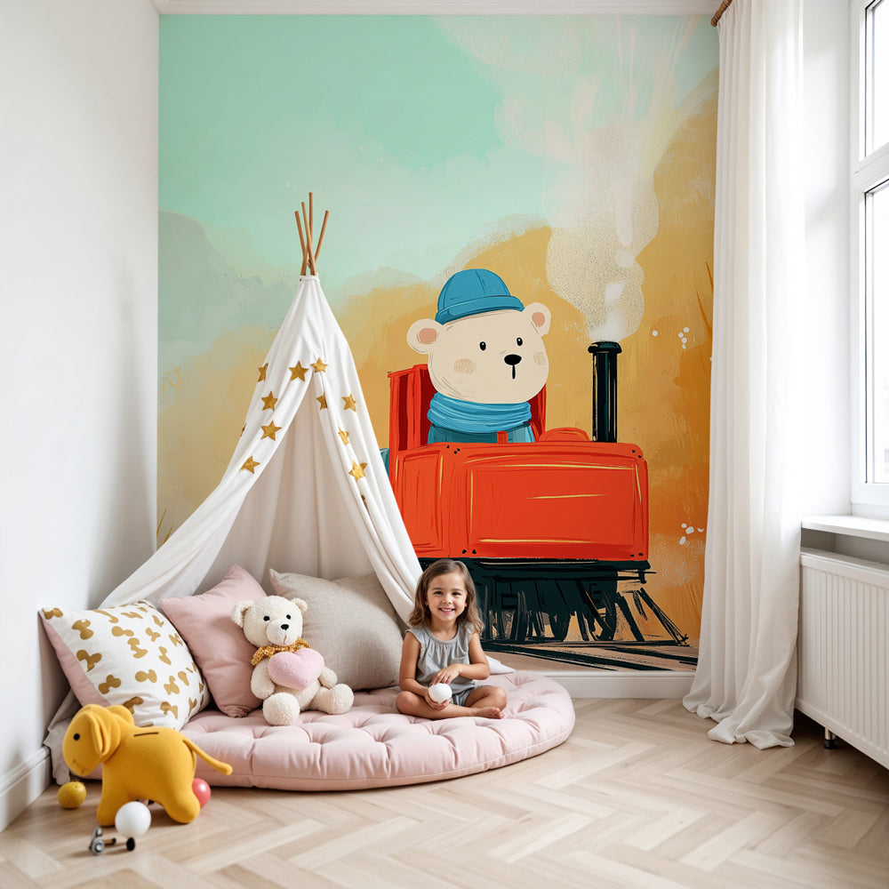 Train mural wallpaper with teddy bear in modern nursery room by Kids-Mundo