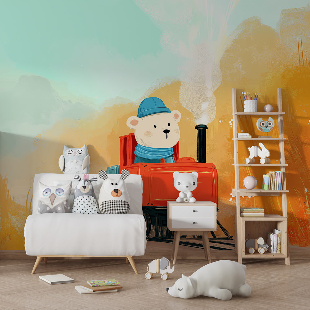 Adventure train mural wallpaper transforming toddler room into magical play space
