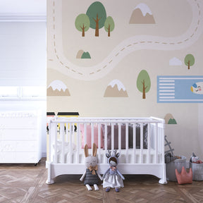 Rails and sky adventure wallpaper creating playful transportation theme in children's bedroom