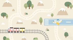 Detailed transportation mural wallpaper design pattern featuring trains, planes and mountains by Kids-Mundo