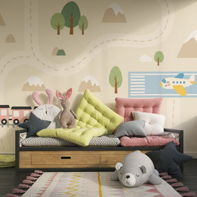 Colorful trains and airplanes mural wallpaper transforming kids playroom into adventure zone
