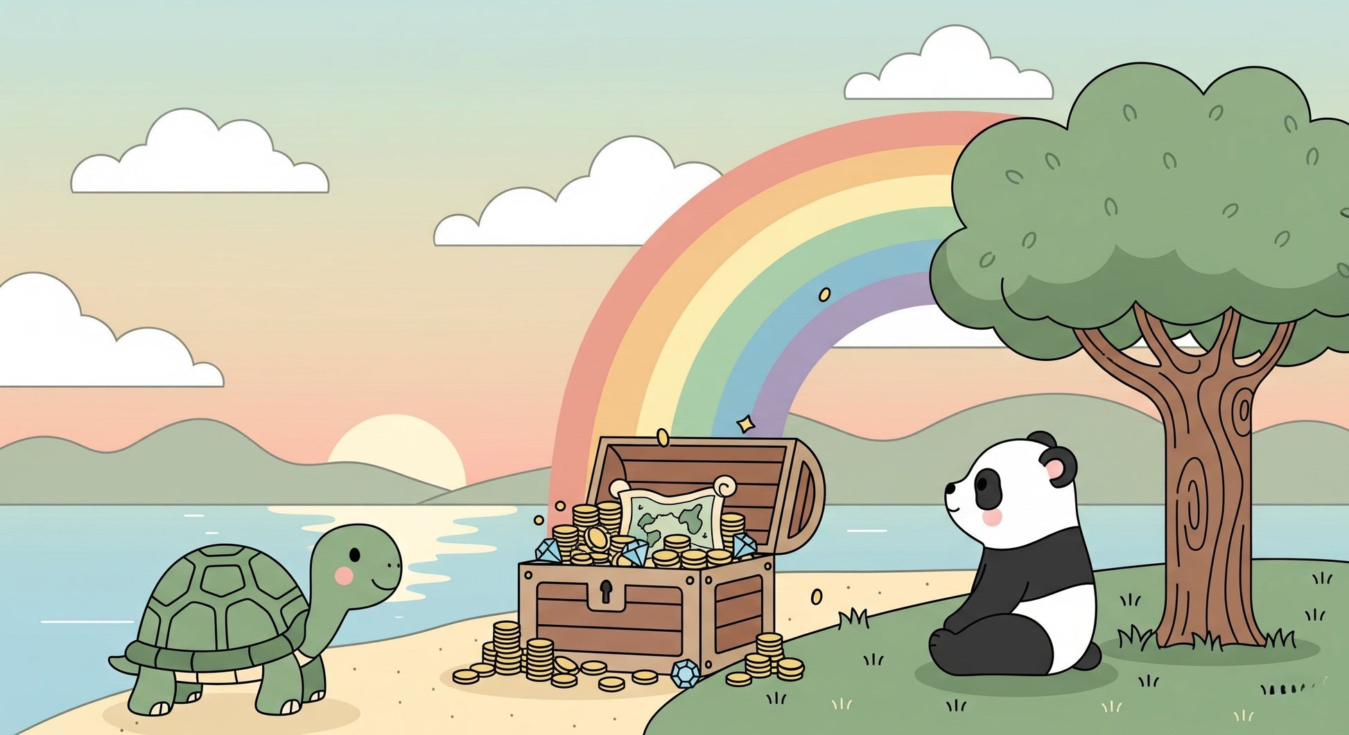 Detailed treasure adventure mural wallpaper design pattern with panda turtle beach scene by Kids-Mundo