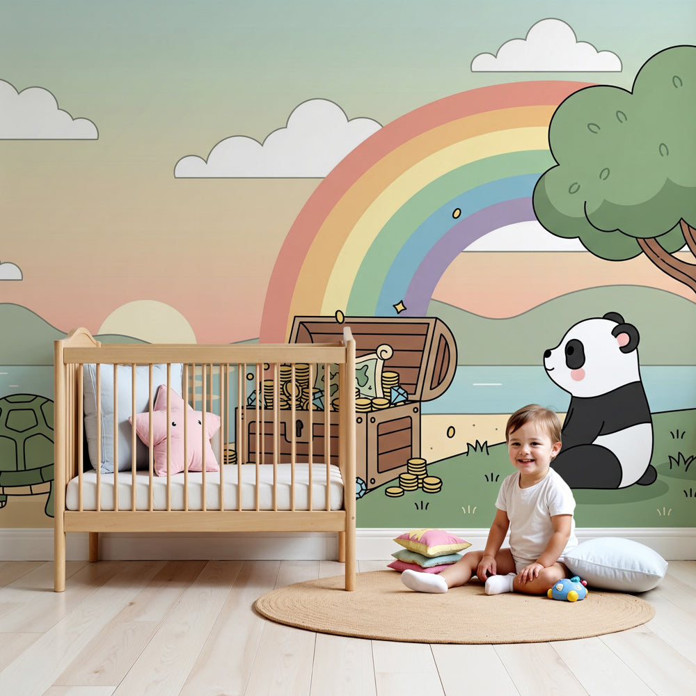 Treasure adventure mural wallpaper with panda and turtle in modern nursery by Kids-Mundo