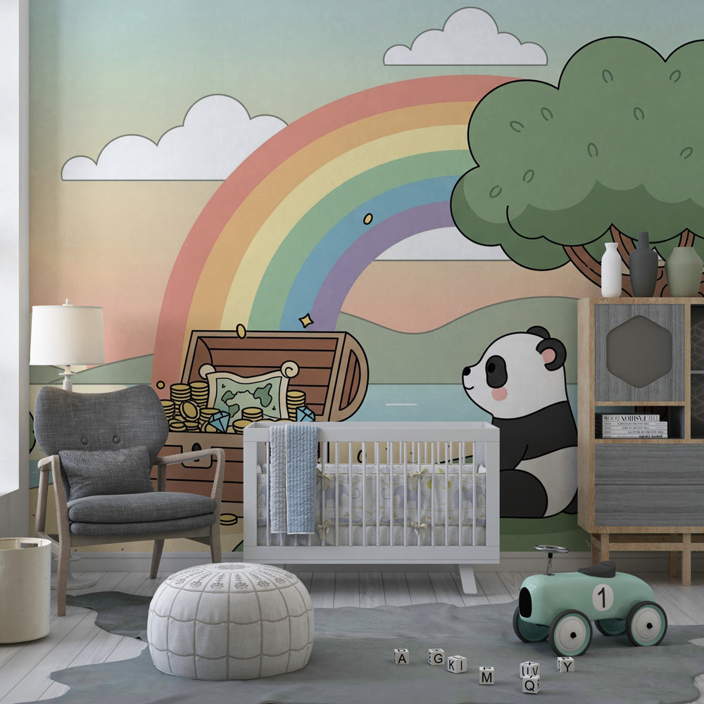 Panda turtle adventure wallpaper transforming playroom into magical beach treasure scene