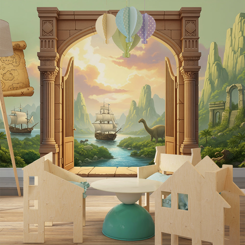 Kids-Mundo dinosaur river mural with open doors behind a bed in a kids bedroom