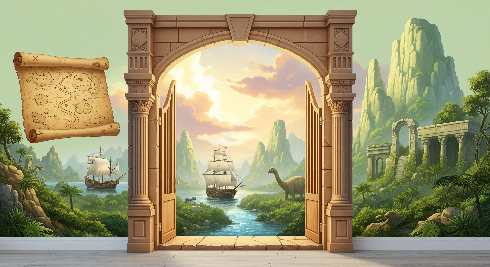 Kids-Mundo flat artwork of open doors revealing a river, ships and a dinosaur