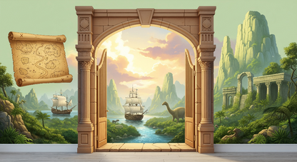 Kids-Mundo flat artwork of open doors revealing a river, ships and a dinosaur