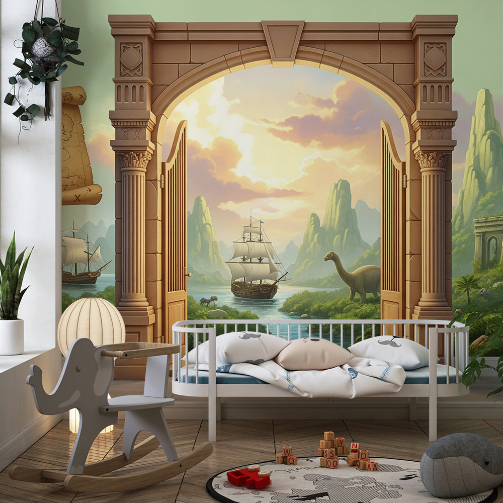 Kids-Mundo dinosaur adventure mural bringing ships and ruins to a playroom wall