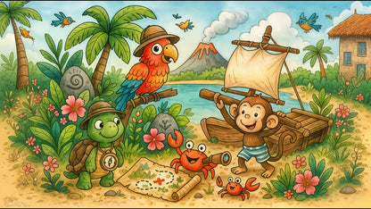Kids-Mundo flat artwork of a turtle and parrot explorers with a monkey sailing past on a raft.