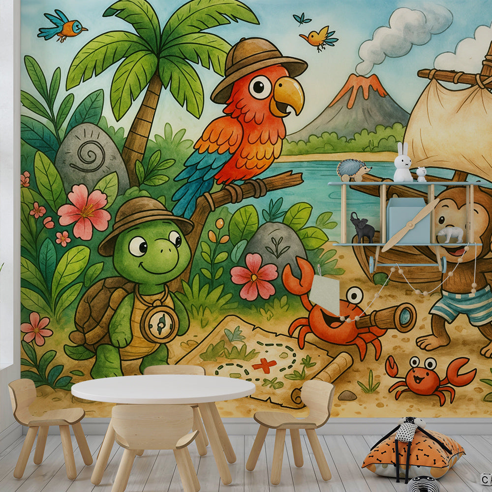 Kids-Mundo treasure map jungle mural adding adventure to a playroom wall.