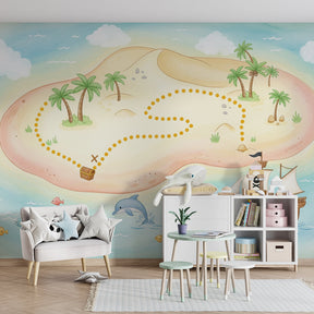 Pirate adventure wallpaper creating tropical maritime theme in children's bedroom
