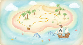 Detailed treasure island pirate mural wallpaper design pattern with ships and tropical elements by Kids-Mundo