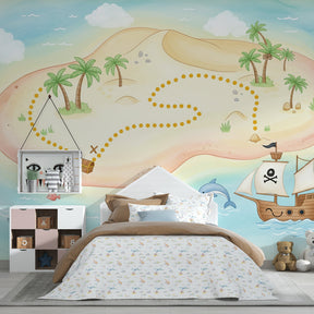 Tropical pirate island wallpaper featuring treasure map and dolphins in kids playroom