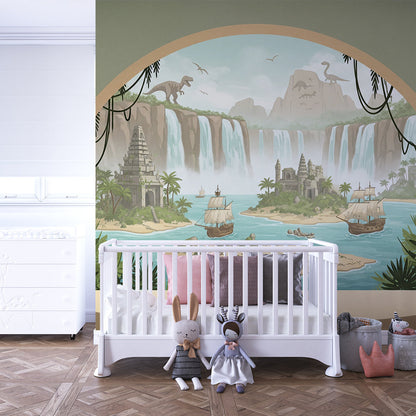 Kids-Mundo dinosaur lagoon mural filling a wall in a bright, pirate-and-dinosaur playroom.