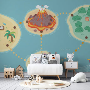 Pirate treasure map wallpaper in colorful kids bedroom setting with maritime theme