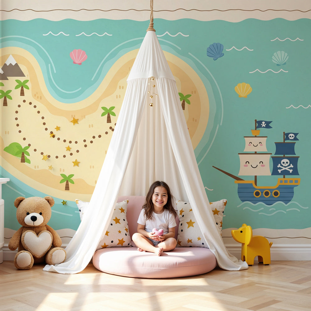 Treasure map mural wallpaper creating adventurous pirate-themed kids bedroom by Kids-Mundo