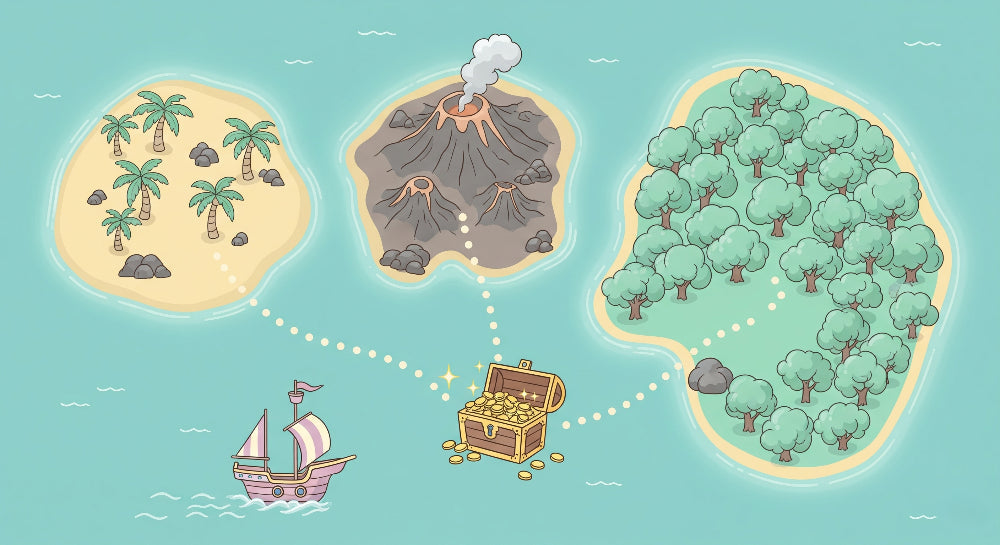 Detailed treasure map mural wallpaper design pattern showing pirate islands and golden treasure by Kids-Mundo