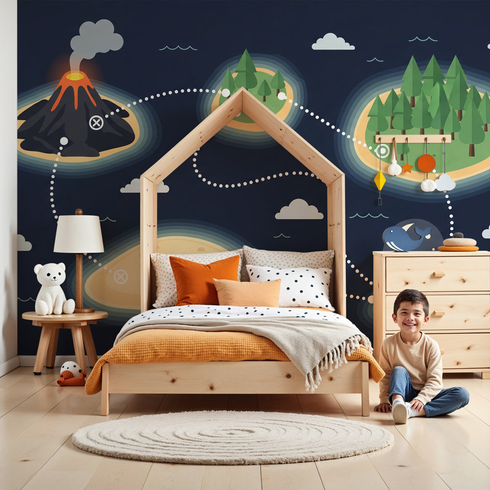 Treasure map mural wallpaper creating adventurous kids bedroom decor with pirate theme by Kids-Mundo
