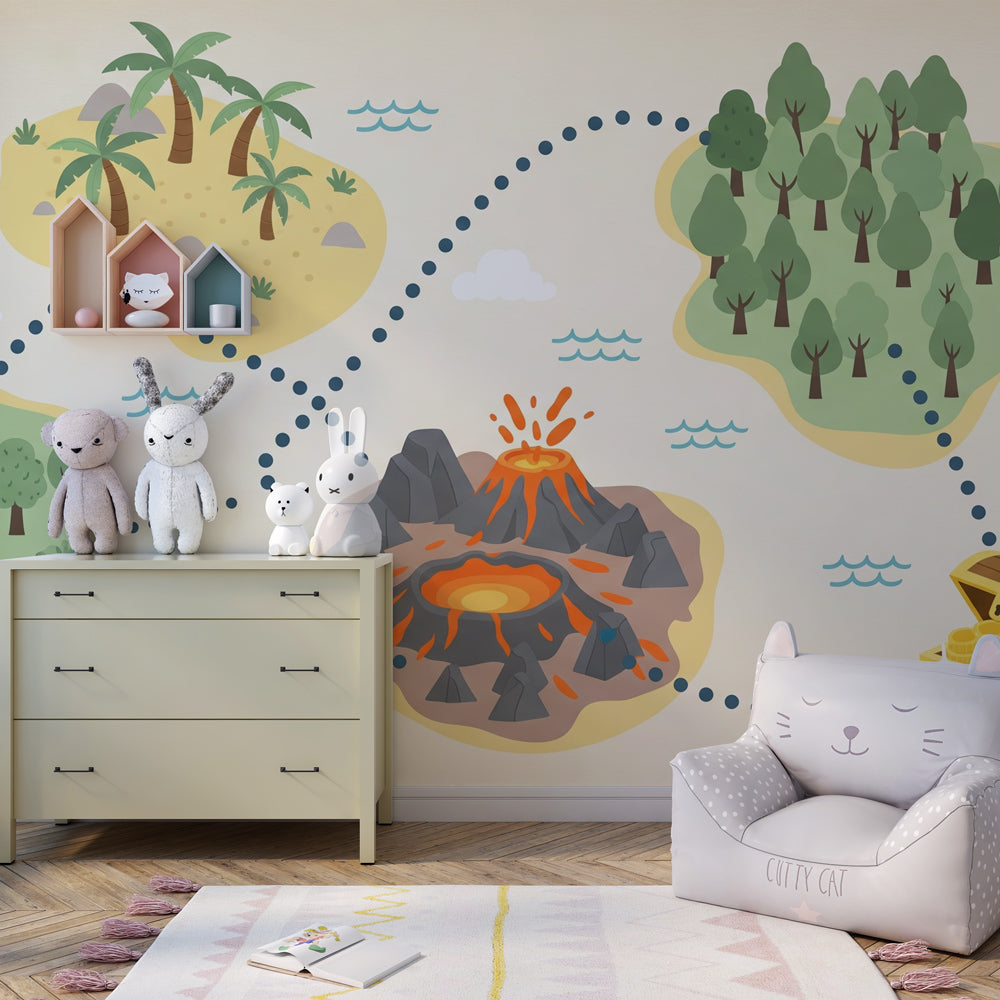Colorful treasure map mural wallpaper transforming kids playroom into adventure zone