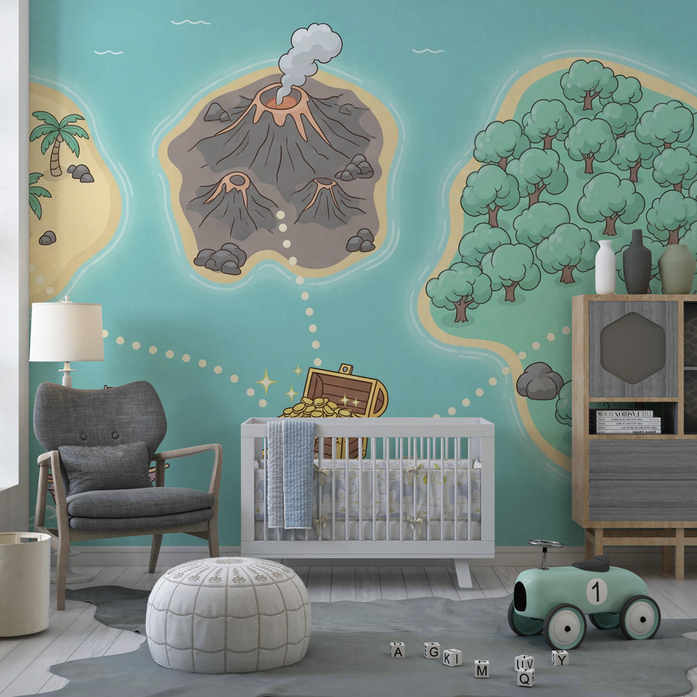 Pirate treasure map wallpaper transforming nursery into maritime adventure space with islands and ships
