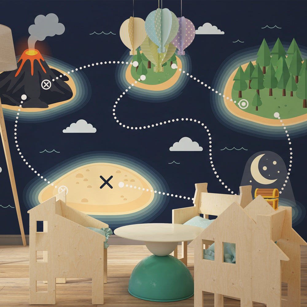 Adventure treasure map wallpaper in modern nursery setting with educational island design by Kids-Mundo