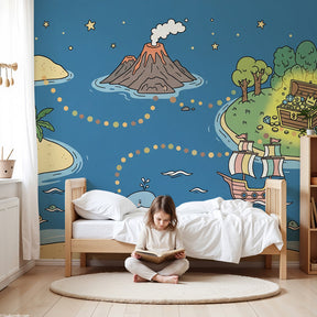 Treasure map mural wallpaper creating ocean adventure theme in modern kids nursery by Kids-Mundo