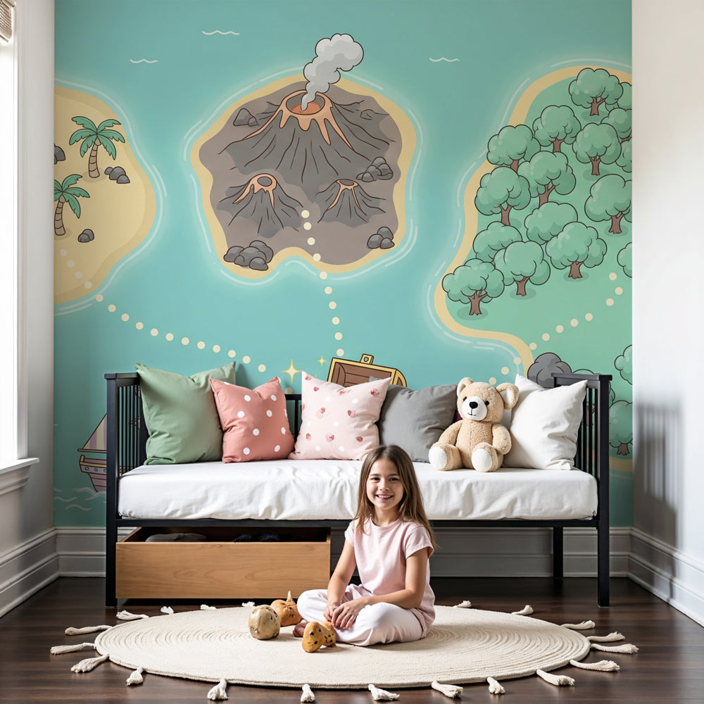 Treasure map mural wallpaper creating adventurous pirate-themed kids bedroom decor by Kids-Mundo