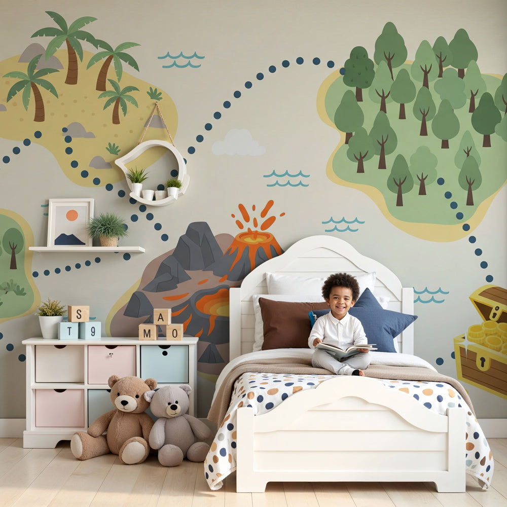 Treasure map mural wallpaper in pirate-themed children's bedroom by Kids-Mundo