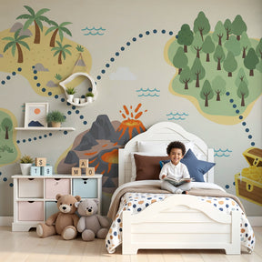 Treasure map mural wallpaper in pirate-themed children's bedroom by Kids-Mundo