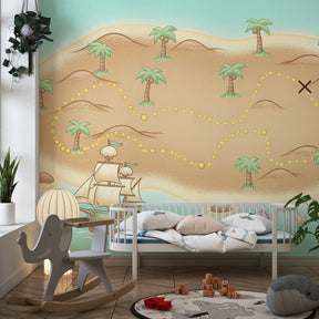 Pirate treasure map wallpaper inspiring imaginative play in children's playroom