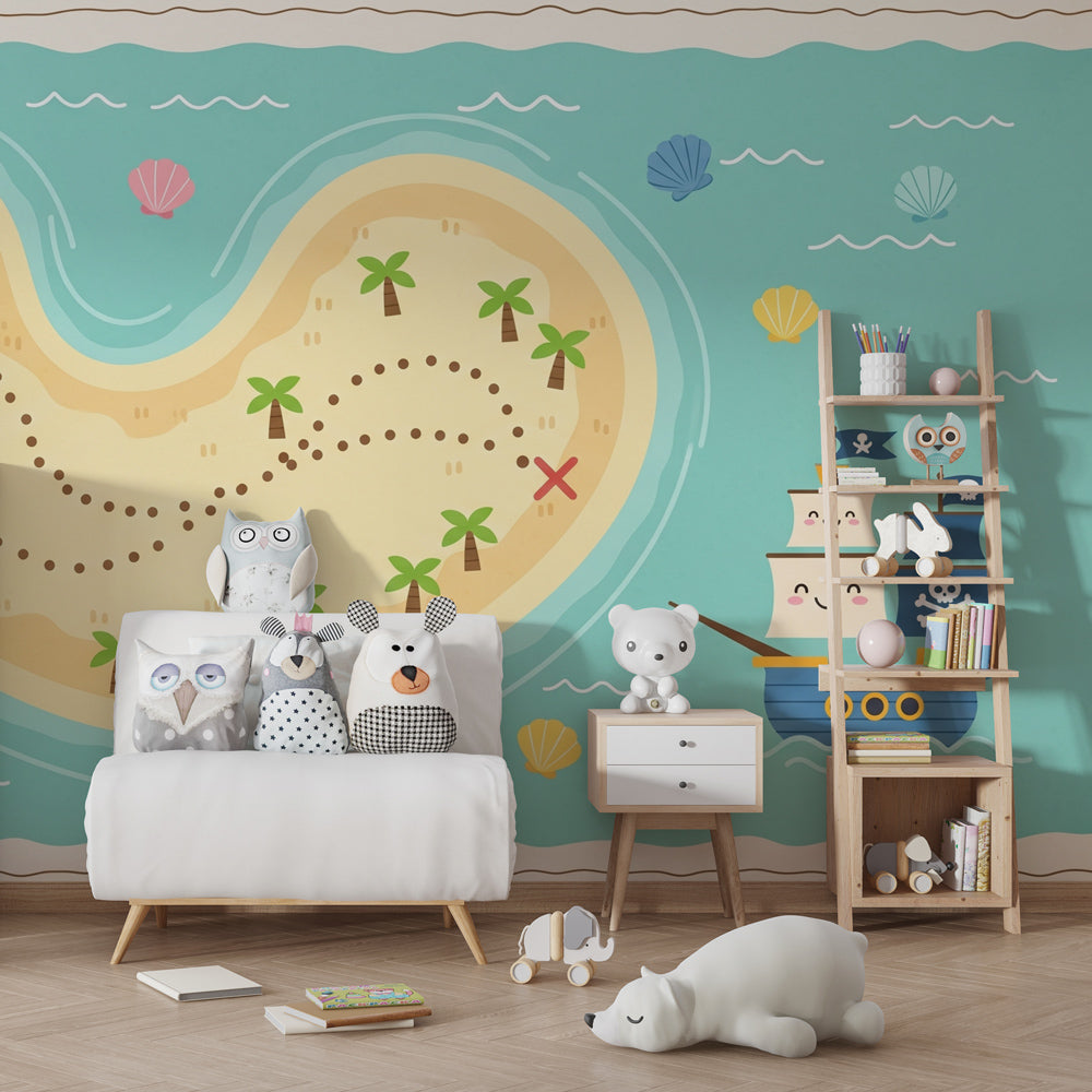 Pirate treasure map mural wallpaper inspiring imaginative play in colorful kids playroom