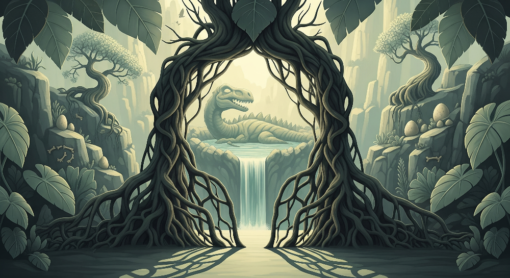 Kids-Mundo flat artwork of a twisted tree archway framing a resting dinosaur and hidden eggs.