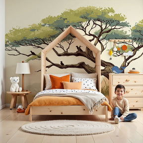Tree and birds mural wallpaper creating peaceful nursery decor with natural green tones by Kids-Mundo