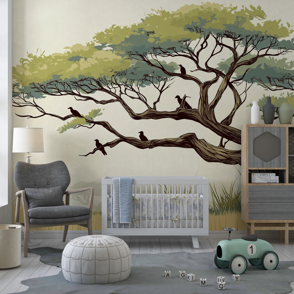 Nature-inspired tree mural wallpaper creating calming reading corner for kids room decor