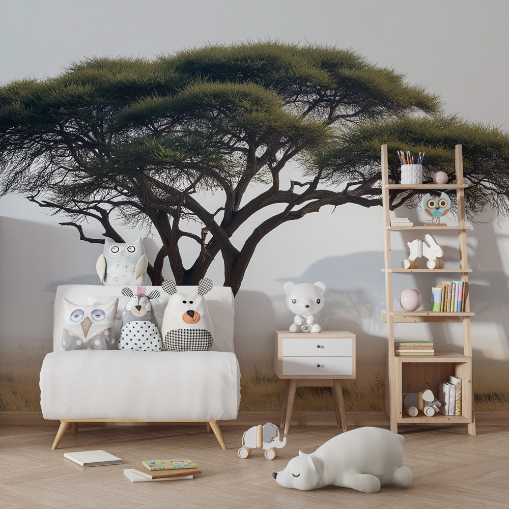 Nature-inspired tree mural wallpaper transforming kids playroom into peaceful forest sanctuary