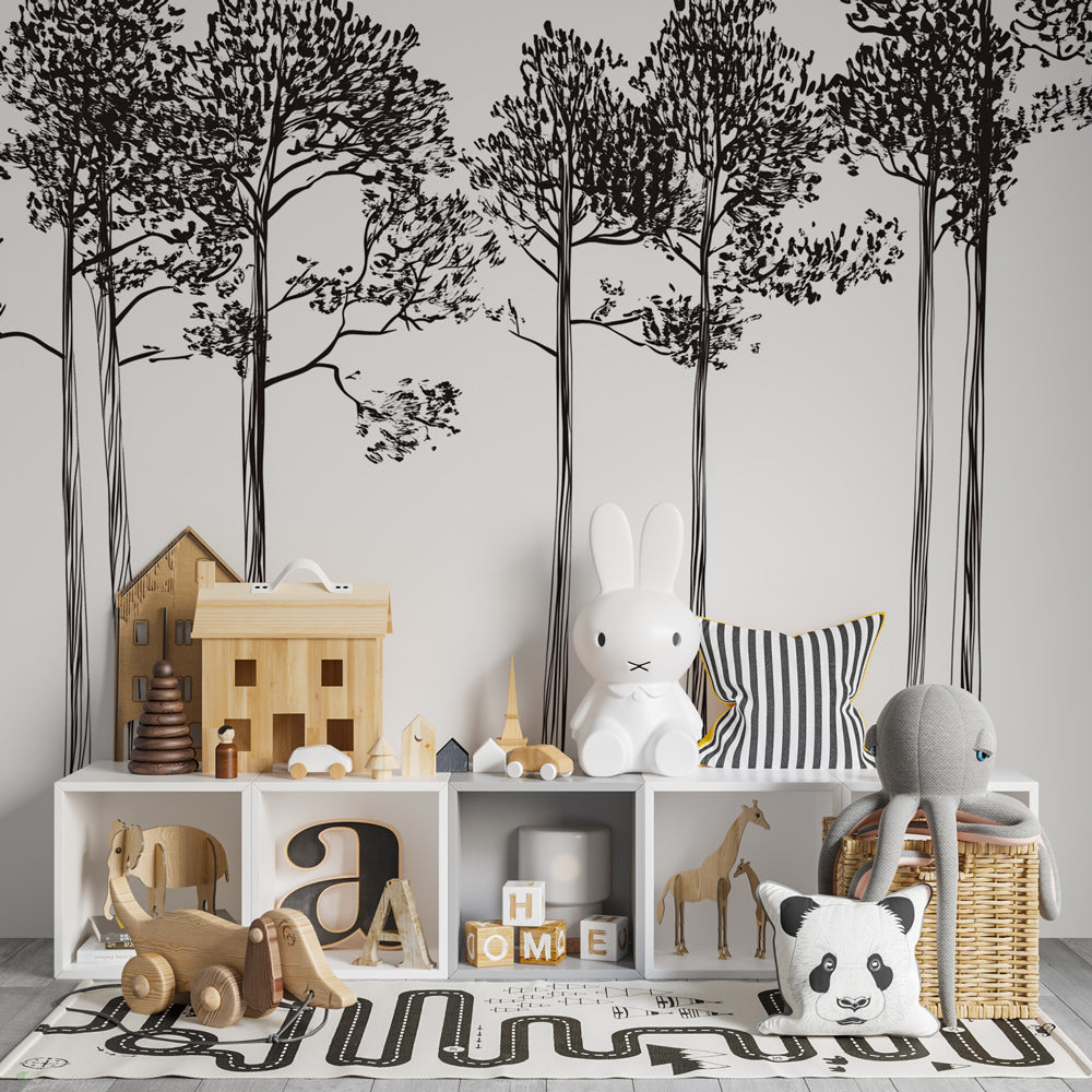 Black white tree mural wallpaper complementing minimalist children's room design