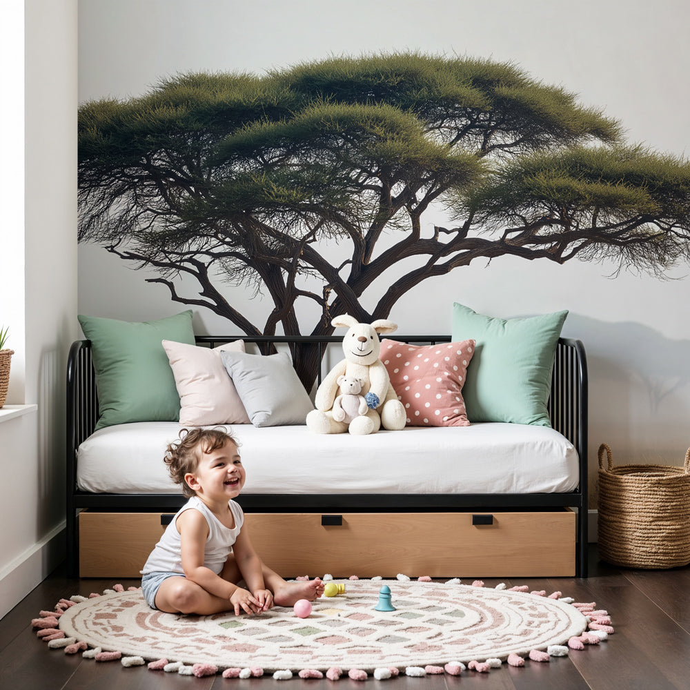 Majestic tree mural wallpaper in misty forest theme decorating modern kids nursery by Kids-Mundo