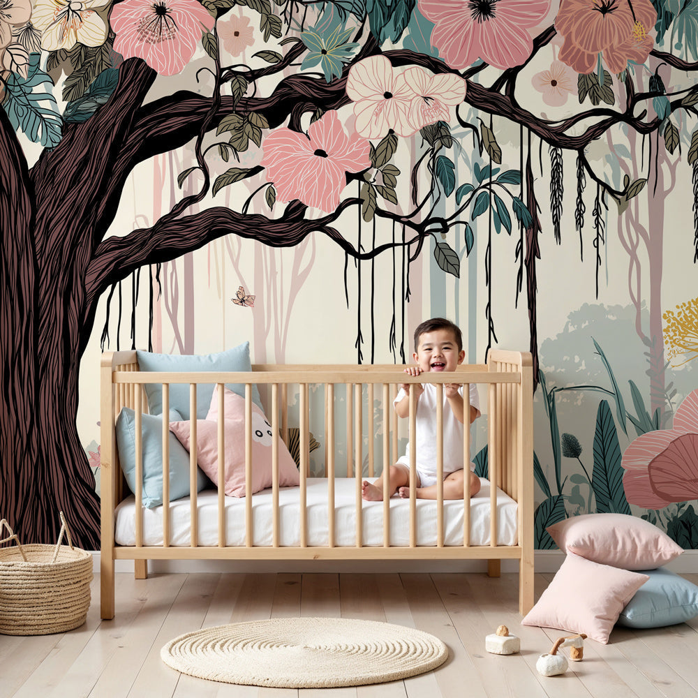 Majestic tree mural wallpaper with colorful flowers decorating modern nursery by Kids-Mundo