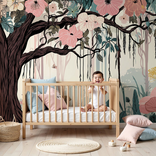 Majestic tree mural wallpaper with colorful flowers decorating modern nursery by Kids-Mundo