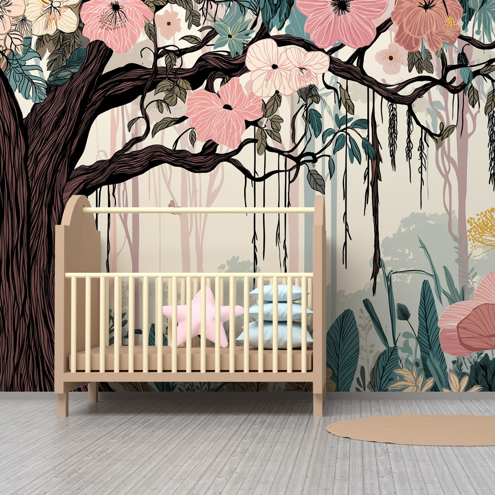 Nature-themed tree wallpaper with hidden animals perfect for kids playroom by Kids-Mundo