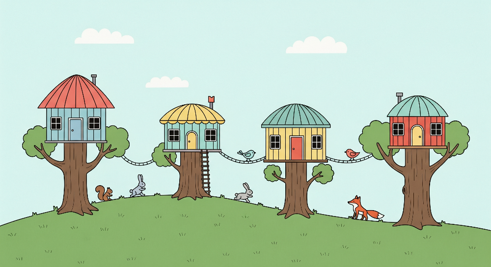 Whimsical Treehouse Village with Woodland Animals Wall Mural