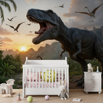 Kids-Mundo dinosaur mural wallpaper with a roaring T-Rex at sunset decorating a kids bedroom wall